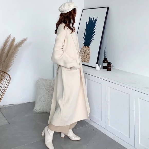 Cardigan sweater chunky knit tie belt thick winter pockets Apricot Beige cream - Picture 8 of 13